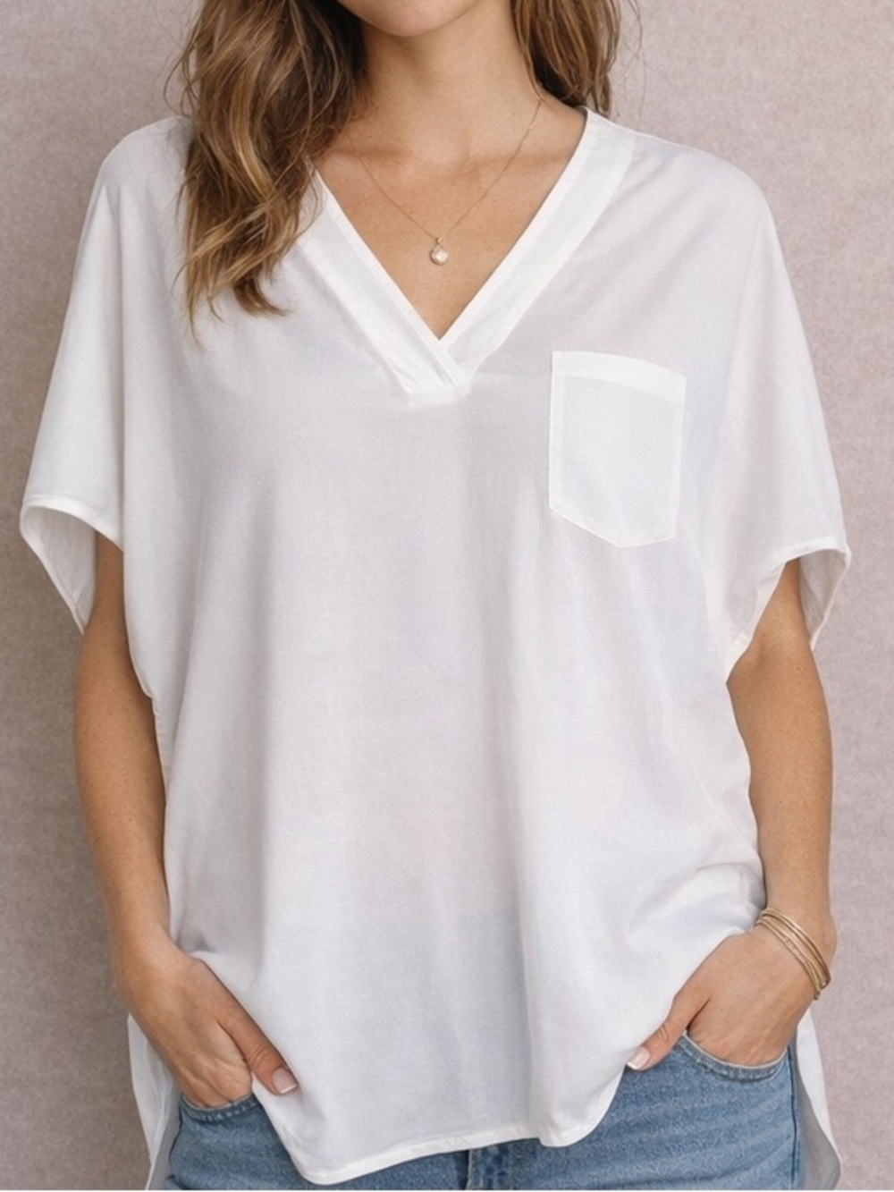 W by Worth White V Neck Tunic Blouse Pocket XL Minimalist